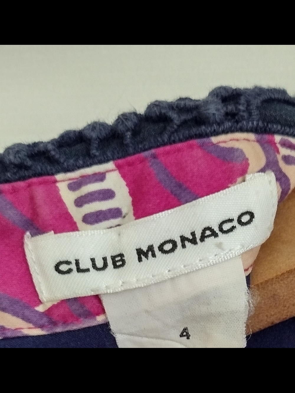 Club Monaco Pink and Purple Floral Dress with Navy Crochet Collar - Picture 4 of 9